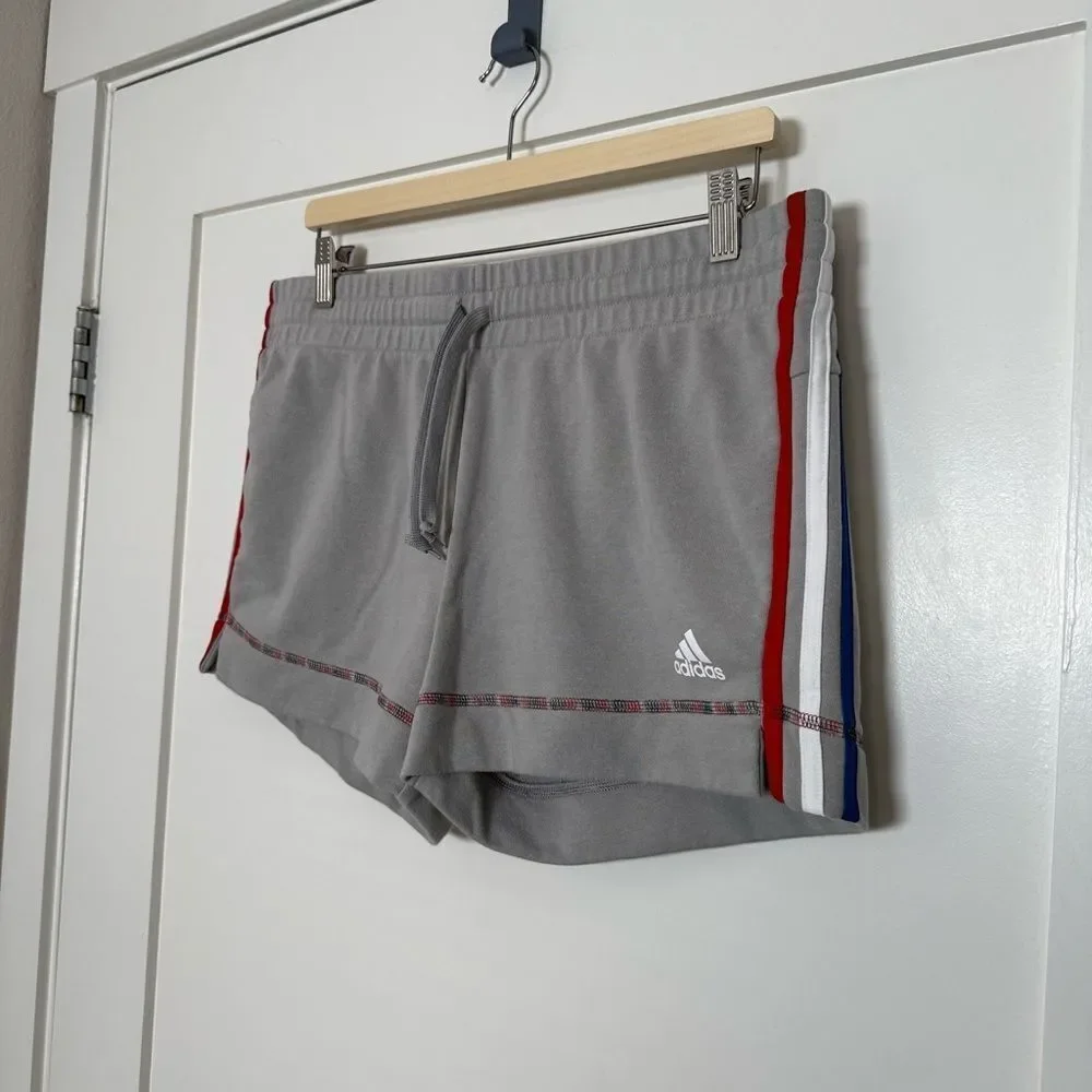 Adidas Shorts Womens Sz L Gray Fleece Sweat Stripes Elastic Waist Athletic Gym